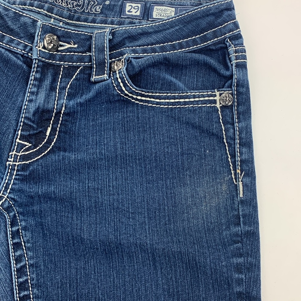Miss Me Straight Jeans Med dark wash denim stretch Flap bling stud pockets - Picture 13 of 14